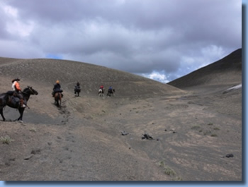 4 reiter in Sandlandschaft auf dem Ritt im Villarrica Nationalpark, Chile.